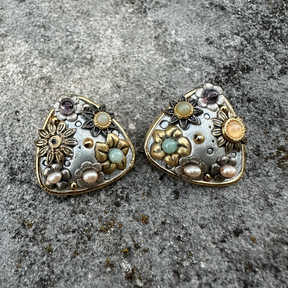 Floral Silver and Gold Tone Clip On Triangle Earrings